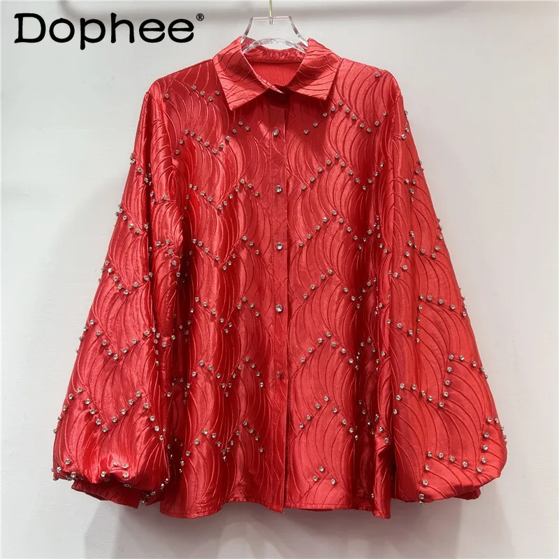 

High-end Heavy Industry Diamond Temperament Shirt Women's Spring 20245 New Loose Office Ladies Polo Collar Long Sleeve Tops