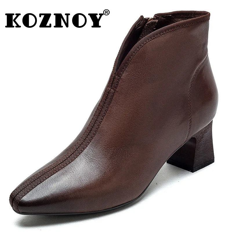 

Koznoy 5cm Bossed Cow Genuine Leather Fashion Autumn Ankle Booties Woman Comfy Luxury Chunky Heels ZIP Spring Point Toe Shoes