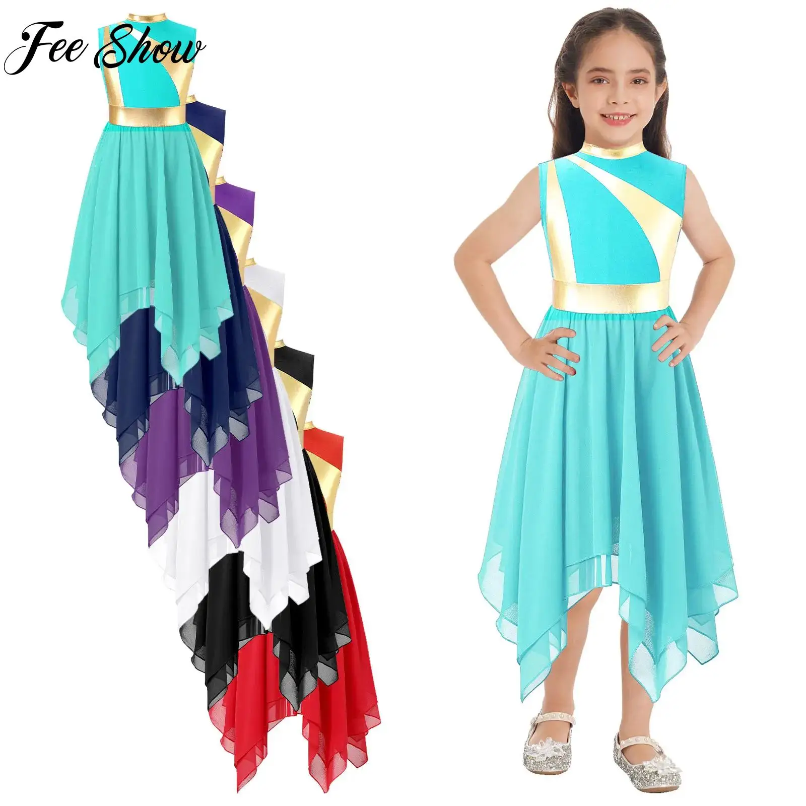 

Girl Praise Lyrical Dance Dress Metallic Sleeveless Asymmetrical Hem Dress Ballroom Dance Church Choir Stage Performance Costume