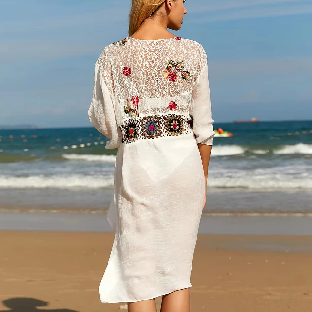 Mujeres flores bordado Kimono playa cubrir Ups vestido largo encaje Crochet Patchwork Cardigan con cordones ropa de playa vestido veraniego