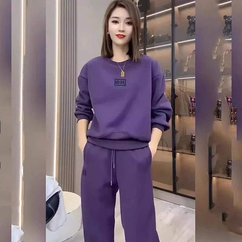 Purple Sweatshirt And Pants Set Women's Sportswear Long Sleeve round Neck Casual Autumn Outfit Two-Piece Set Breathable Polye...