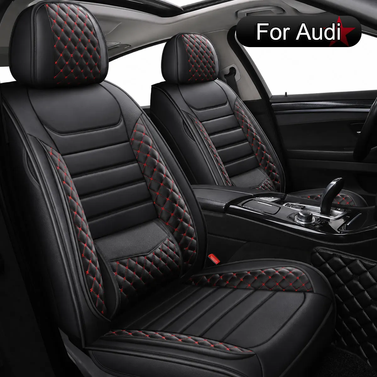Protezioni per sedili auto, per Audi A1, A3, A4, A5, A6, Q2, Q3, Q5, Q7, e-tron, Set completo in pelle PU, 5 posti, Resistenti all'usura, Impermeabili, Compatibili con airbag, Supporto lombare