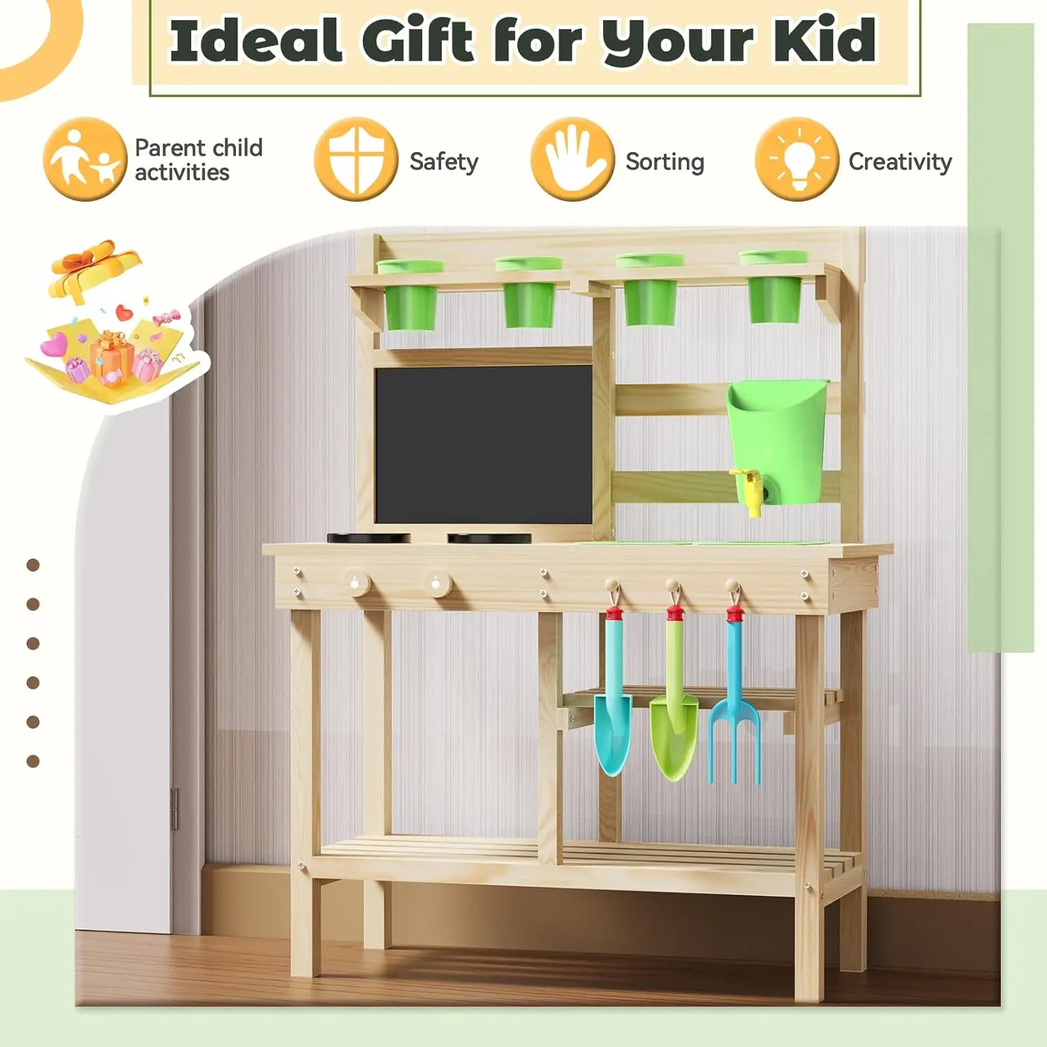 Cucina da gioco all'aperto in legno di cedro per bambini, cucina di fango con rubinetto dell'acqua, lavagna a doppia faccia, ripiani portaoggetti, tazze, rimovibile