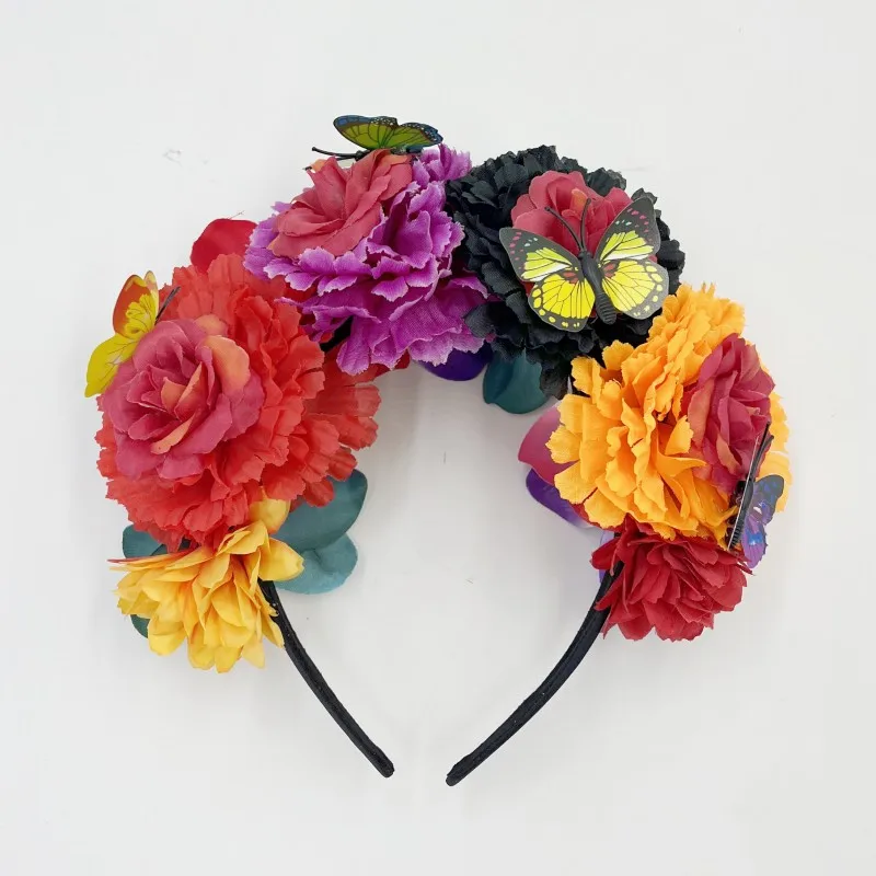 Mexican Flower Crown Headband Butterfly Floral Headband Costume Day of Dead Headpiece Flowers Headband for Girls