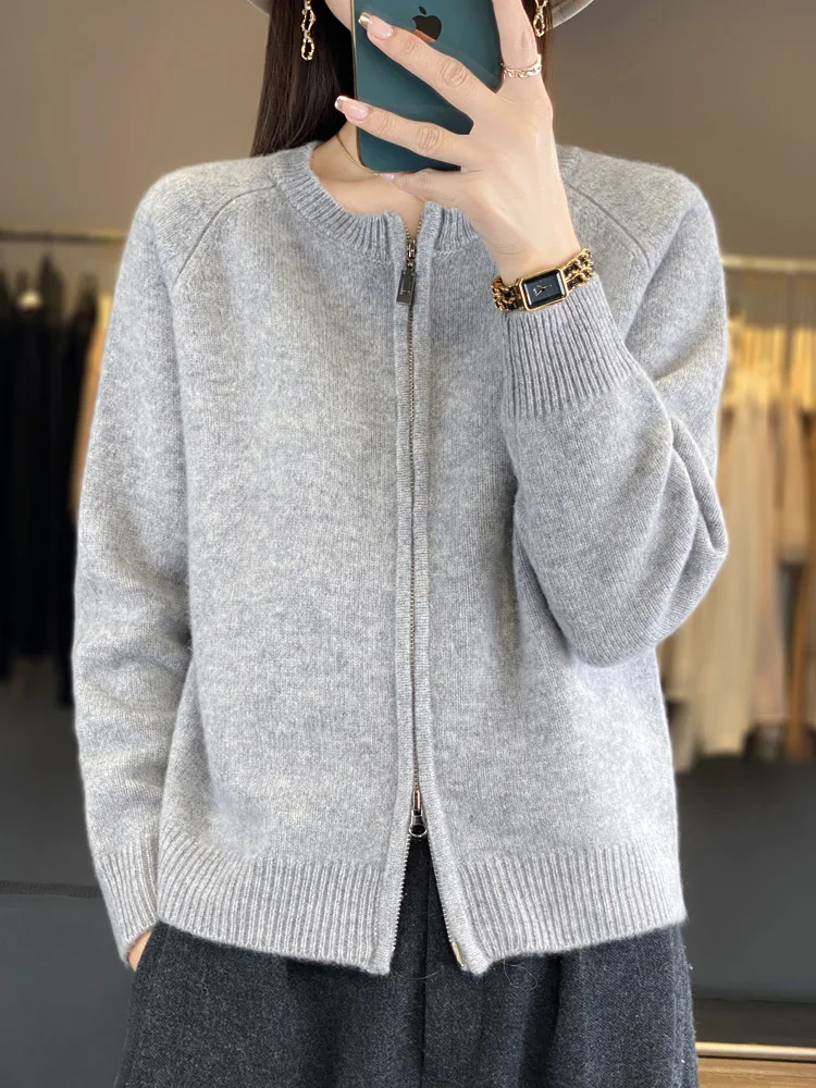 Women O-neck Zippers 100% Merino Wool Cardigan Cashmere Sweater Autumn Winter Knitwear Basic Casual Business Knitwear Tops