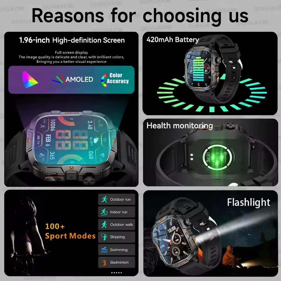 2025 جديد لشاومي العسكرية الصف ساعة ذكية الرجال 1.96 "AMOLED شاشة 5ATM مقاوم للماء الرياضة جهاز تعقب للياقة البدنية BT دعوة Smartwatch