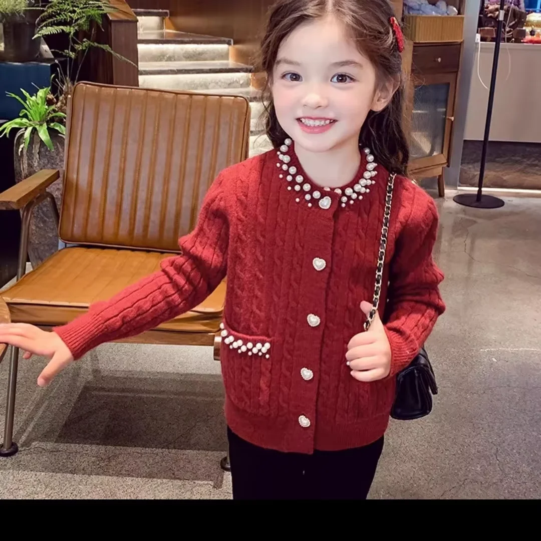 Girls' Sweater Cardigan Spring and Autumn 2026 New Fashionable Children's Fried Dough Twists Knitted Long Sleeve Coat