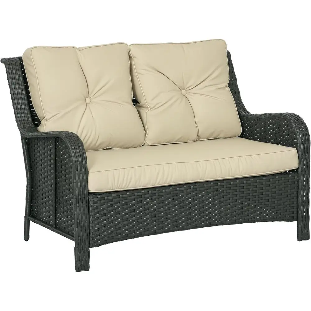

2-Seater Outdoor Sofa with 4 Cushions, PE Rattan Patio Couch, Curved Armrests, Suitable for Sunroom, Garden, Poolside, Beige