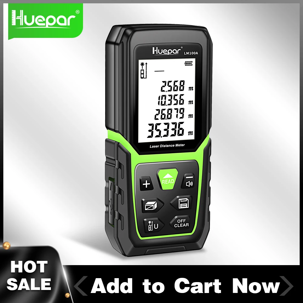 Huepar Laser Rangefinder Distance Meter 330Ft/100M Backlit LCD Laser Measure M/In/Ft with Li-ion Battery & Electric Angle Sensor