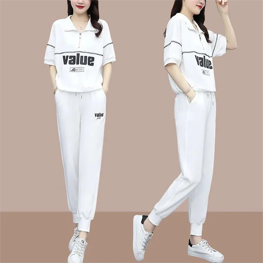 Fashion Summer Women Sets Casual Female Sportswear Suit Printed Short Sleeve Tshirts+ Pants Two-piece Set S-4XL