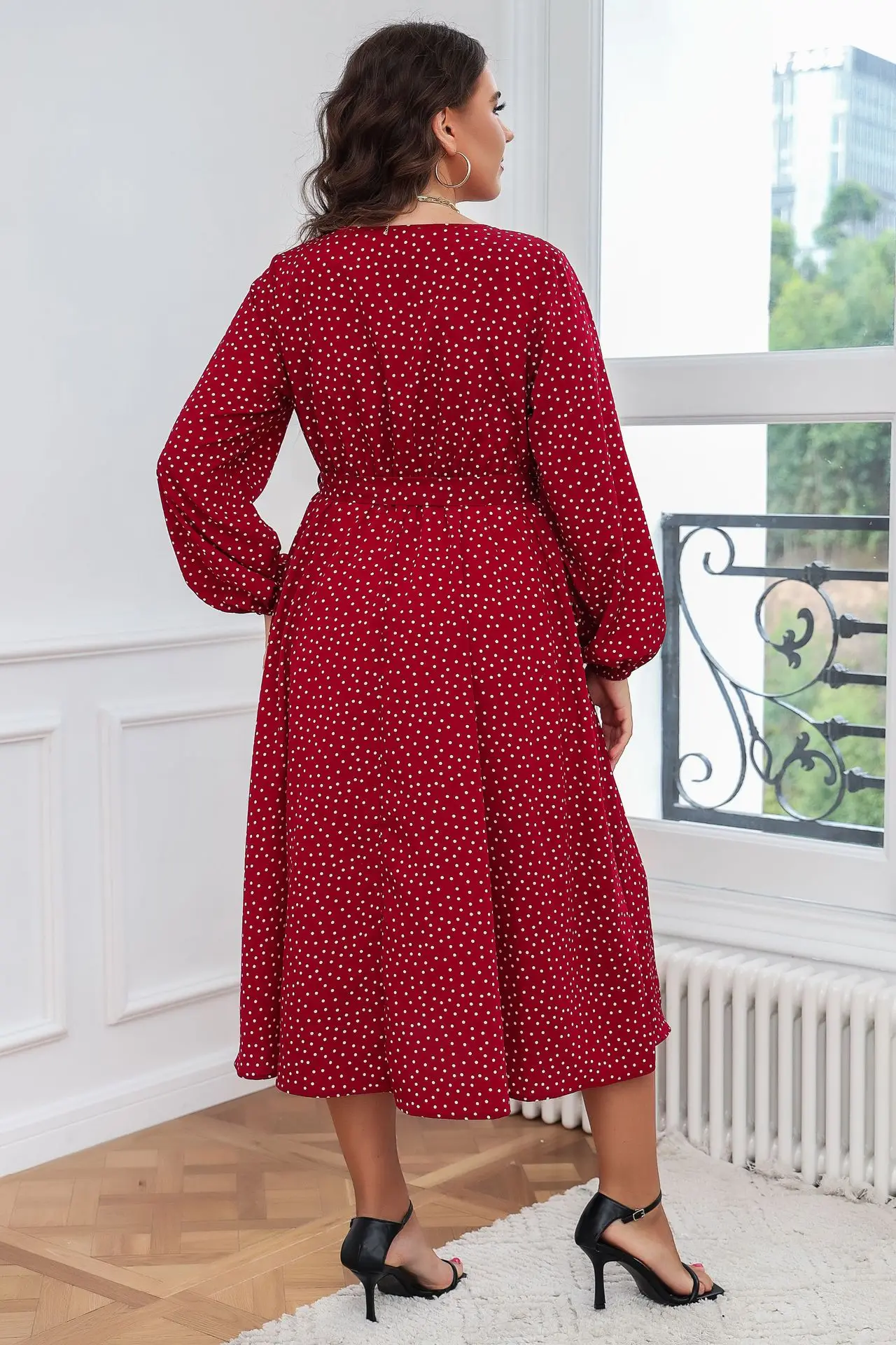 Red Plus Size Polka Dot Long Sleeve Dress for Women Summer Spring Autumn Long Dress Classic Women Clothing