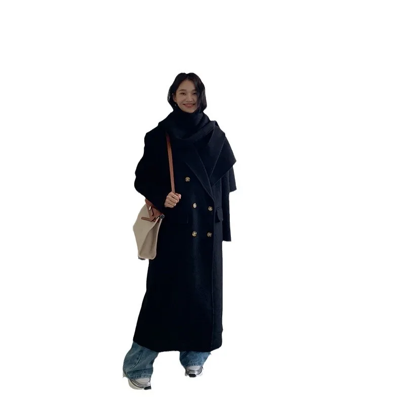 High Quality Long Woolen Cashmere Coat Women Autumn Winter Alpaca Wool Jacket Double Breasted With Scarf Overcoat Off White