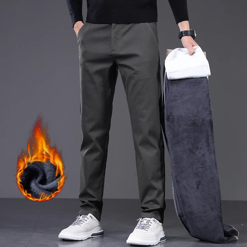 

Флисовые зимние деловые мужские брюки, модные теплые прямые хлопковые эластичные брендовые бархатные брюки, утолщенные повседневные плюшевые брюки