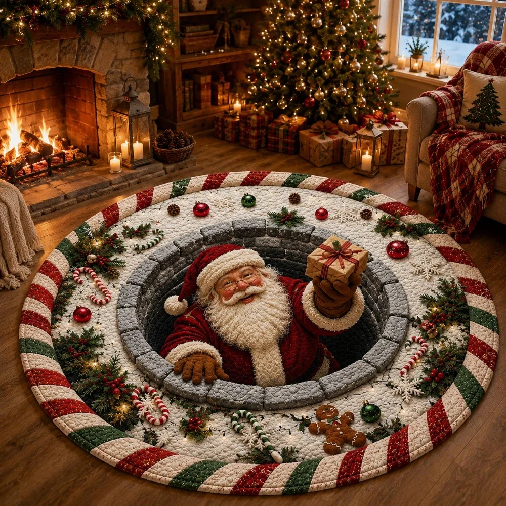 Vintage Santa Workshop Santa Claus Round Rug North Pole Brick Wall Area Rug Holiday Entryway Living Room Bedroom Soft Floor Mat