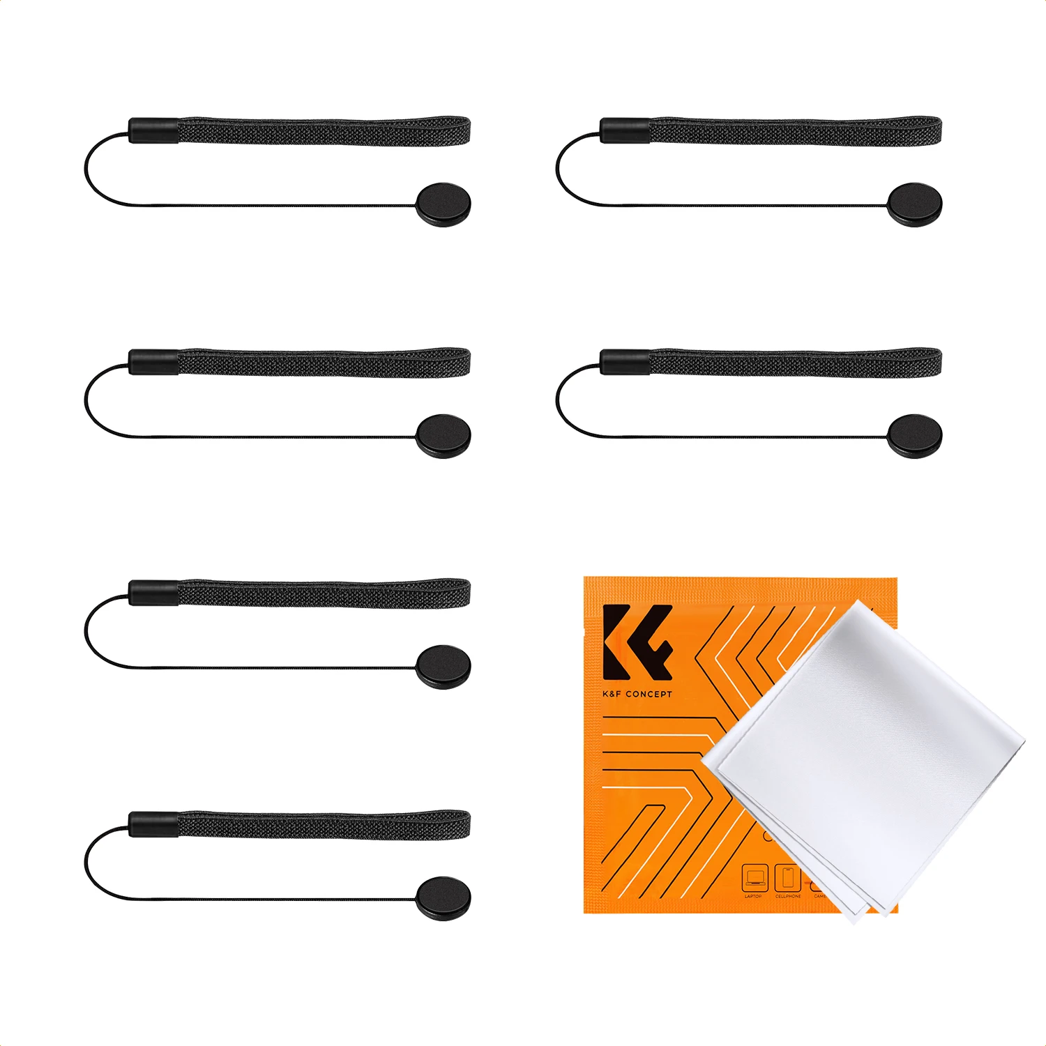 K&F CONCEPT 6 Stuks Lensdop Houder Camera Lensdop Koord Anti-Verlies met Elastische Lus en Microfiber Schoonmaakdoekjes Set voor Canon Nikon Sony