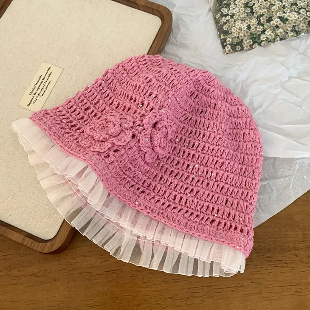 Милая вязаная крючком шапка с цветком ручной работы, вязаная шапка с блестками и блестками, корейская тонкая шапка, аксессуары для одежды