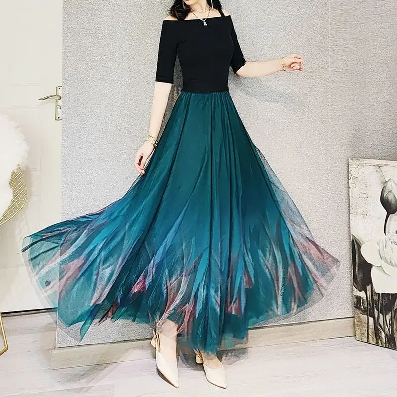 

Women's Clothing Elegant Loose Vintage Casual Summer Thin Printing Elastic Waist Ladies Skirts Patchwork Temperament U652