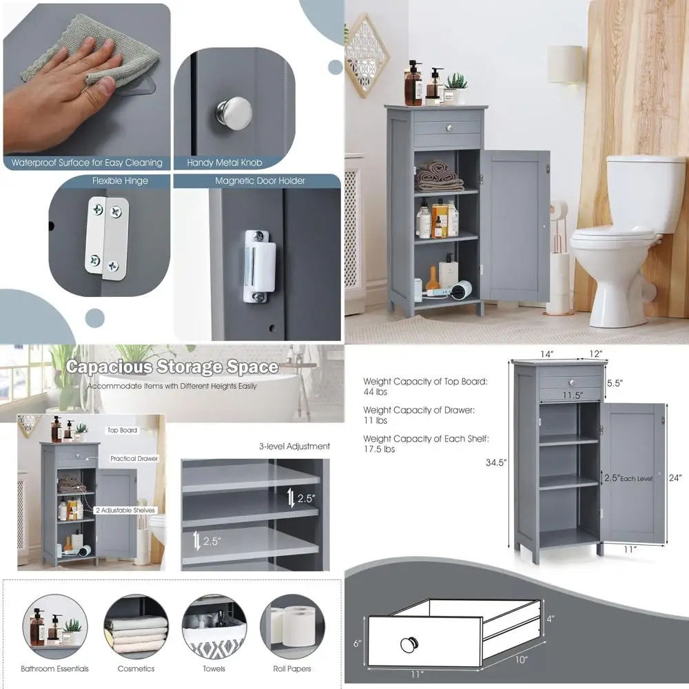 

Напольный шкаф для ванной комнаты с выдвижным ящиком и регулируемыми полками, конструкция с защитой от опрокидывания для жилых помещений