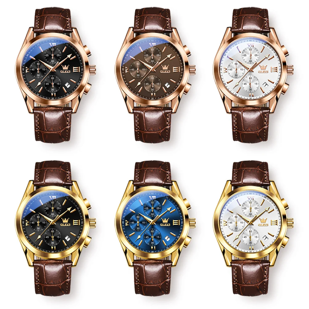 OLEVS-Montre à quartz chronographe pour homme, montres de sport étanches, marque de luxe supérieure, bleu doré, cadeau en cuir