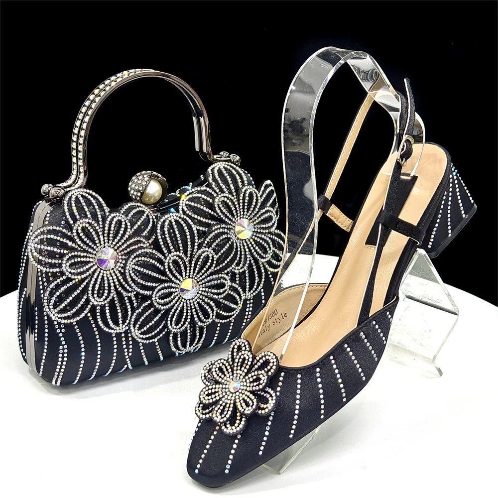 

New Arrival Fashion Women Shoes With Bag Set Italian Decorated With Flowers Pumps Shoes And Bag Set For Party Size 37-43
