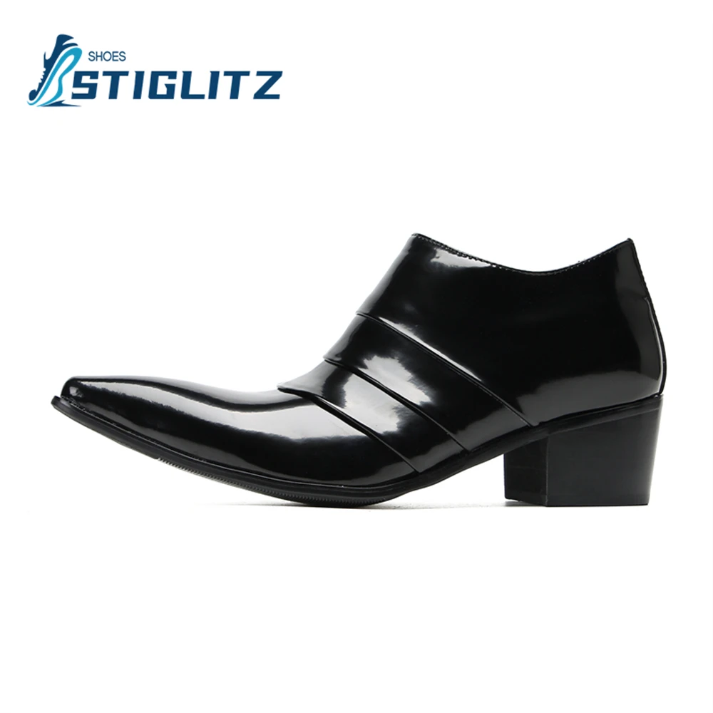 Vintage Patent Leather High Heel Chelseas Mules for Men Point Toe Square Heel Trendy Men\'s Dress Shoes Genuine Leather Loafers