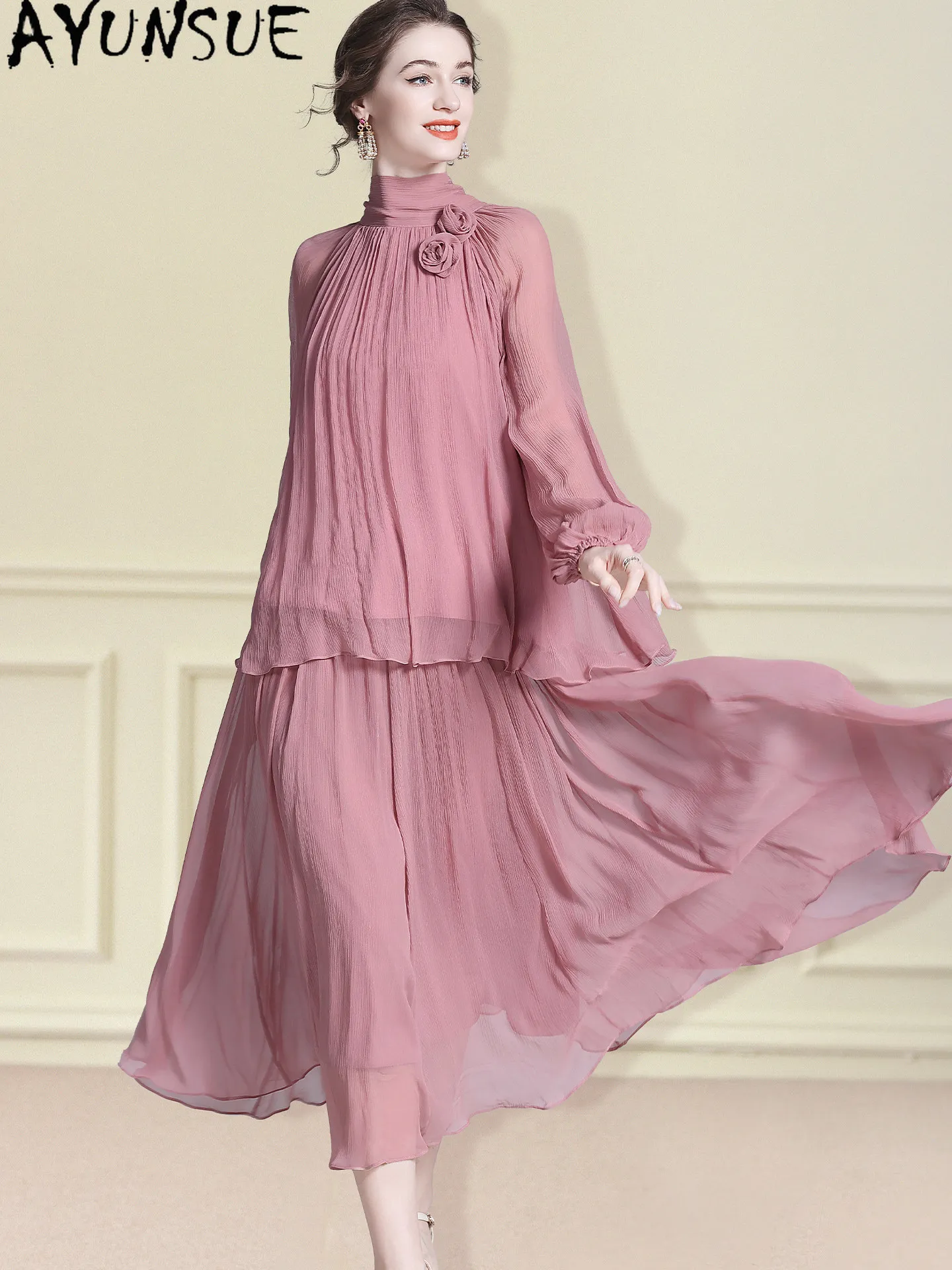 AYUNSUE 100% Natural Mulberry Silk Dress Sets Elegant Tops Skirts French Fashion Summer Clothes Two Piece Sets Womens Outifits