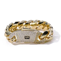 ESKEEM 14K Gold Plated Thick Solid Monaco Bracelet Hip Hop Jewelry Iced Diamond Clasp Flat Miami Cuban Bracelet Chrismas Gift