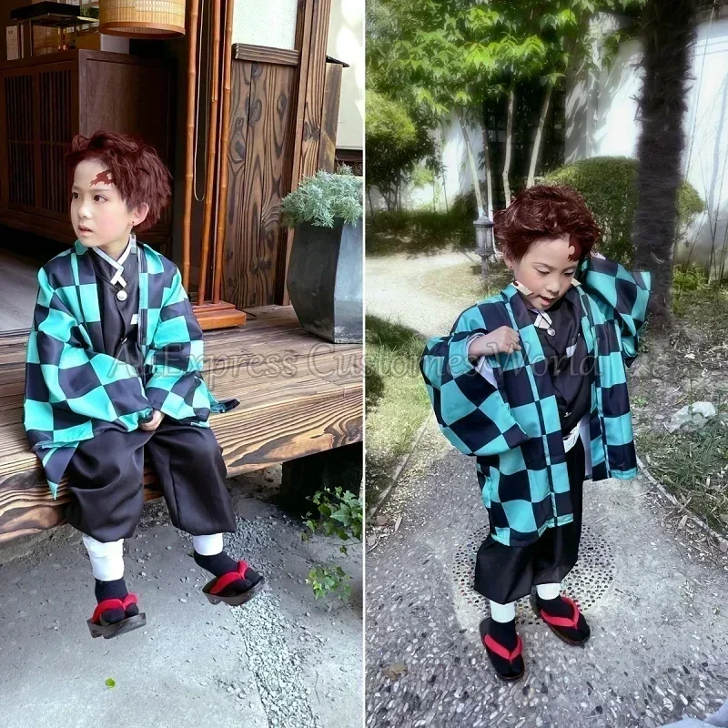 2025 Хэллоуин Аниме Demon Tanjirou Kamado Косплей Костюм Slayer Kimetsu Униформа Volwassen Kid Mannen Кимоно Хэллоуин