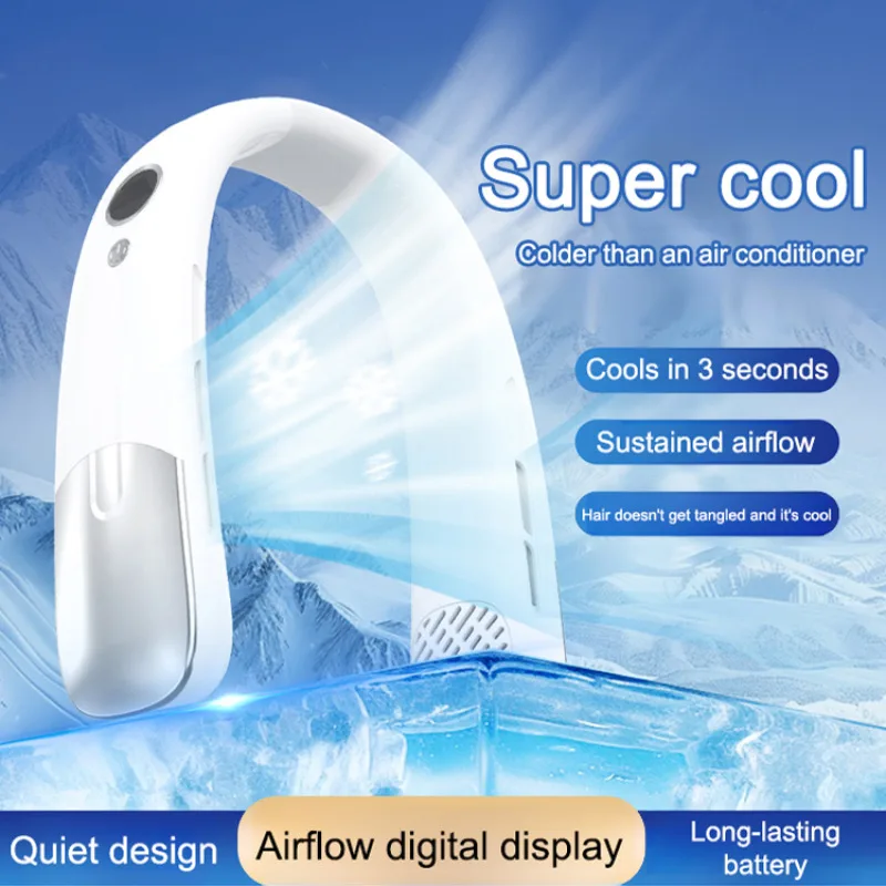 Portable Neck Fan Mini Neck Cooler Bladeless Hanging Neck Fan 4000mAh USB Rechargeable Ice Cooling fan with LED Digital Display