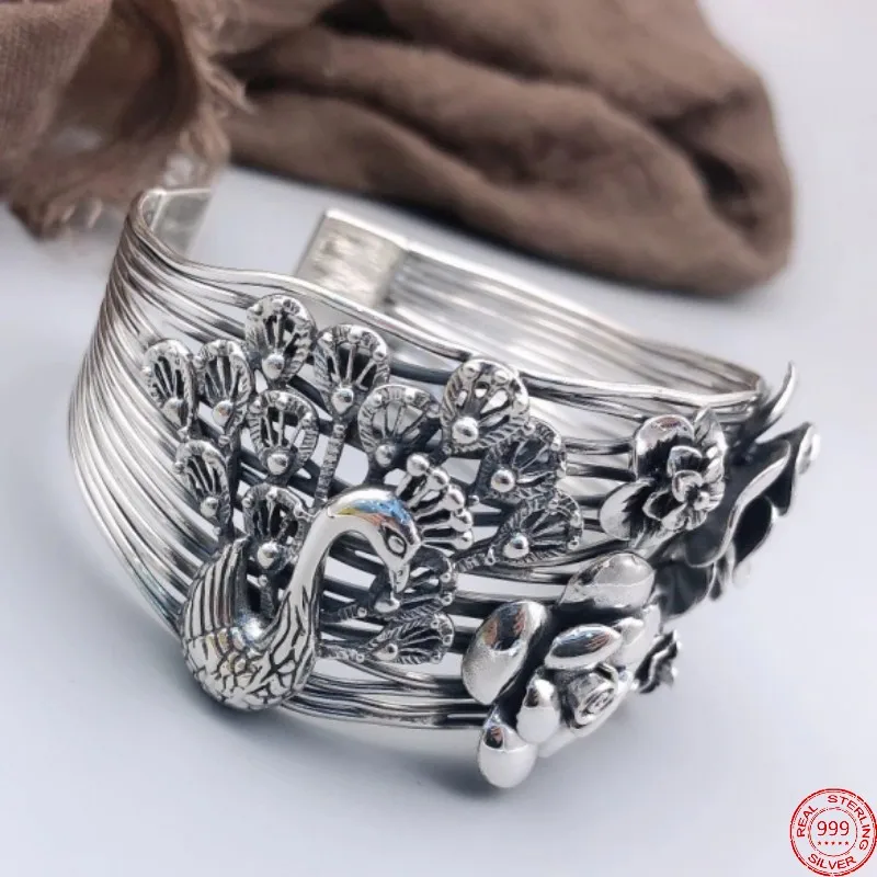 

S999 Sterling Silver Bracelets for Women 2023 New Women's Fashion Hollow Peacock Flaunting Tail Bangle Argentum Classic Jewelry