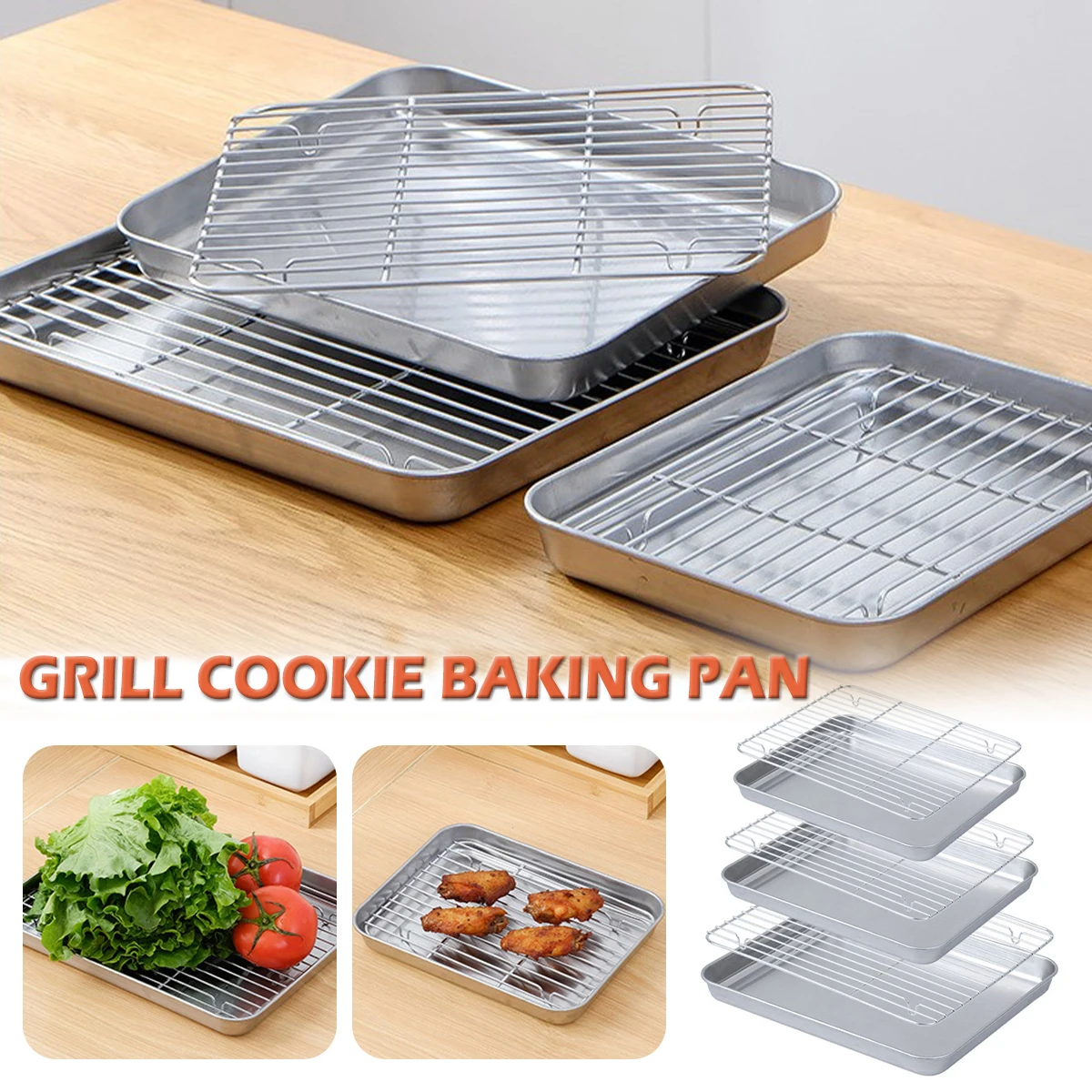 

Stainless Steel Baking Tray with Wire Rack Non-stick Grill Tray Cake Baking Cooling Rack Drain Pan Kitchen Outdoor Grill Tools