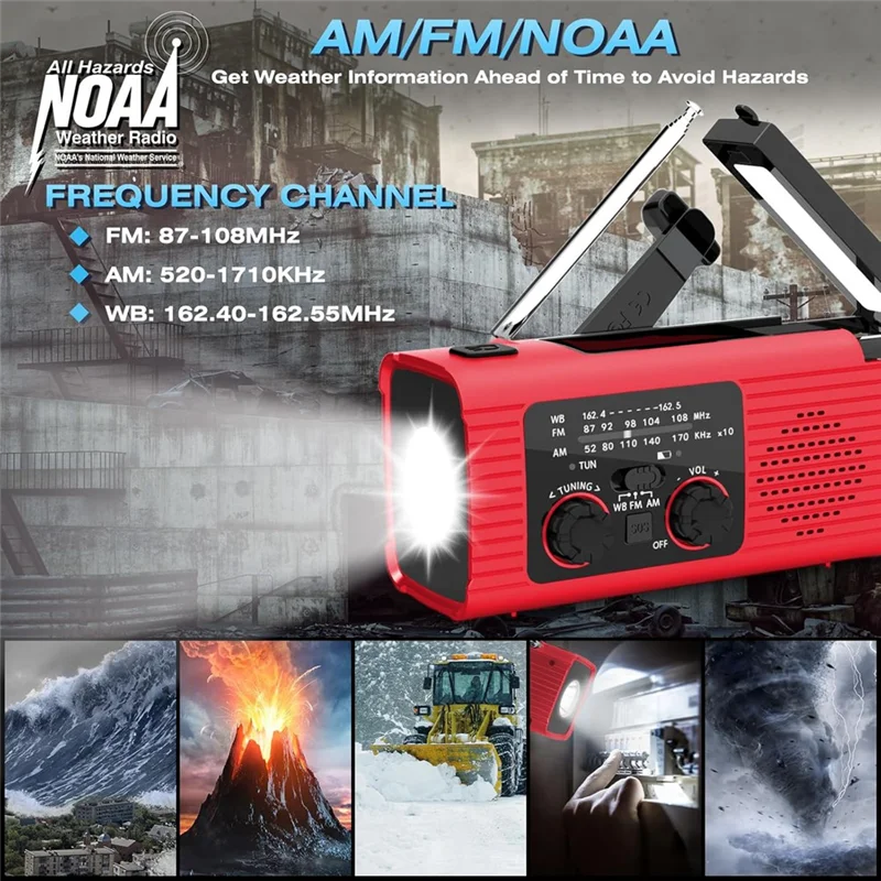A25R-Emergency Radio Hand Crank Radio Multi-Function AM/FM/NOAA Solar Hand Crank Emergency Radio SOS Alarm 4000Mah
