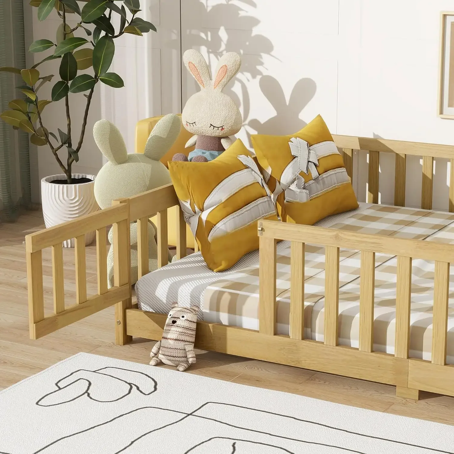 سرير أرضي كامل الحجم مع شرائح وسياج، سرير أرضية مونتيسوري مع باب ودرابزين أمان، سرير مونتيسوري بالحجم الكامل