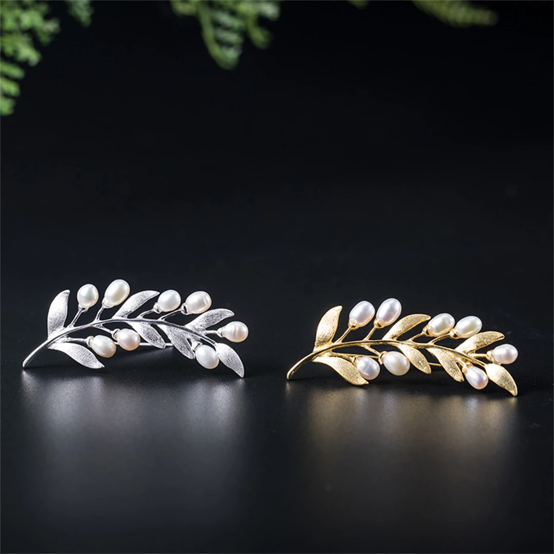 

New 100% S925 Pure Silver Suit Exquisite Dress Jacket Freshwater pearl Women's Men Brooch olive Branch Accessories Jewelry