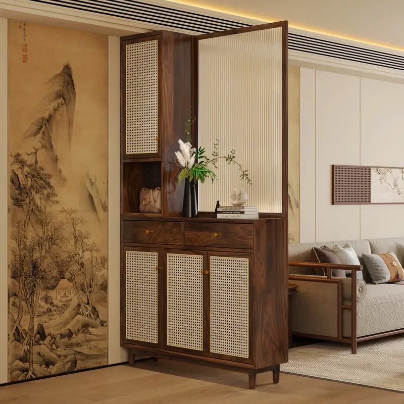 New Chinese Style Solid Wood Rattan Porch Cabinet Entryway Foyer Storage Display Glass Screen Partition Shelf Home Furniture