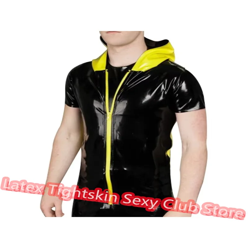

Handmade Men Latex HoodiesTop Front Zip T-Shirt Long Sleeves Shirt Man Sexy Tops Rubber Suit Black with Yellow Cosplay Costume