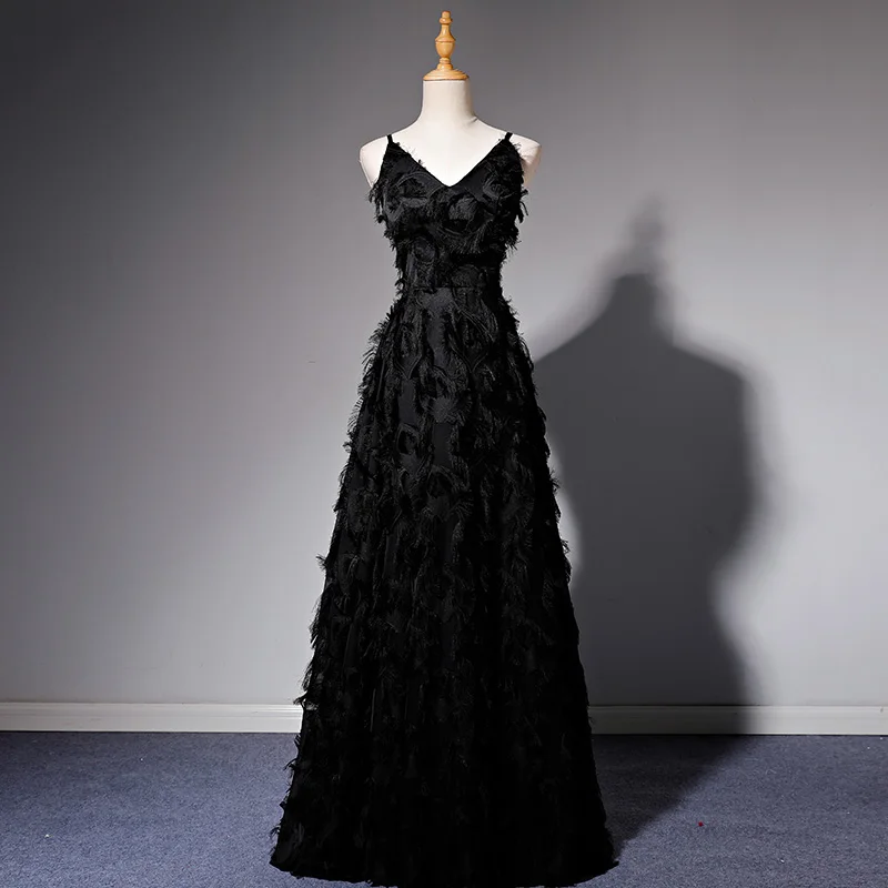 

Spaghetti Strap 2024 New Sexy Evening Dresses V-neck A-line Feather Elegant Simple Prom Dress For Ladies Banquet Party Dresses