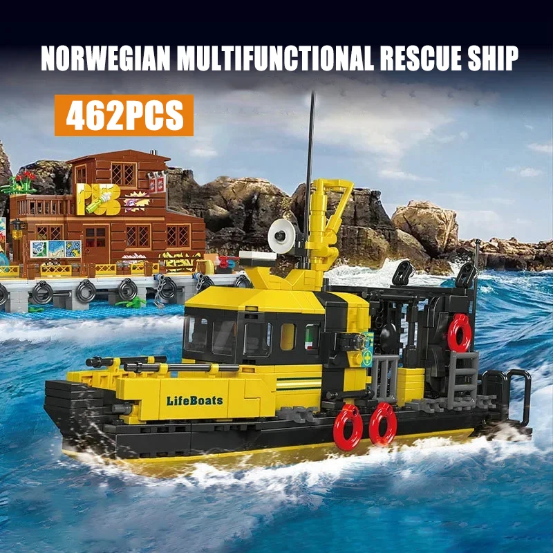 2024 City Creative Fire Boat Norwegian Lifeboat Speedboat Building Blocks MOC Fishing Boat Model DIY Bricks Childrens Toys Gifts