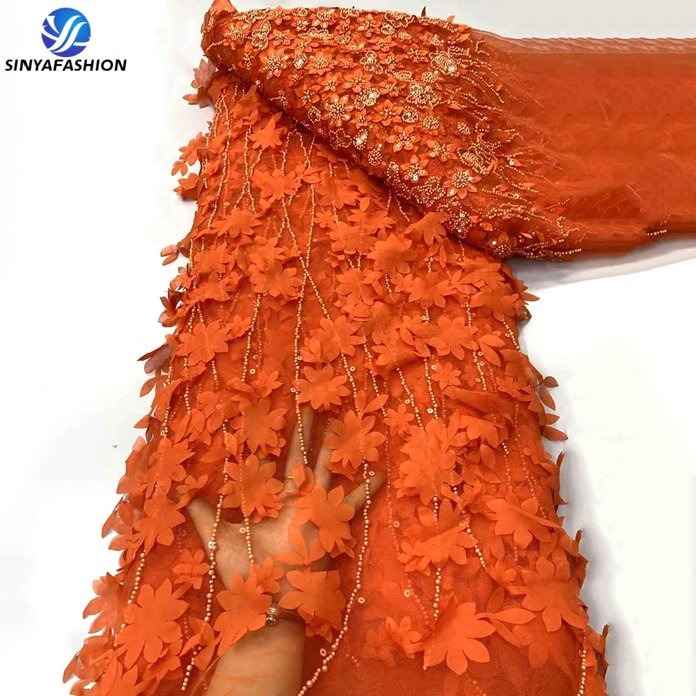 

Sinya Orange African 3D Flower Lace Fabric 2025 High Quality Sequins French Tulle Luxury Beaded Embroidered Bridal Lace 5 Yards