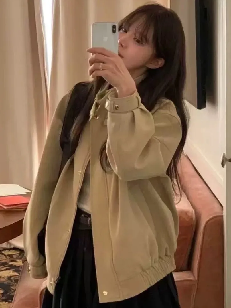 

Шикарная осенняя новая замшевая длинная куртка в стиле ретро с воротником-стойкой, женская универсальная верхняя одежда на пуговицах