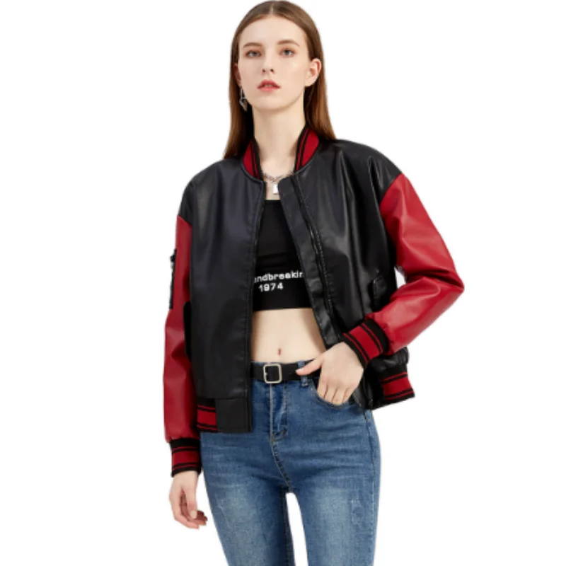 Russian Style Patchwork Leather Jacket For Women Spring  Autumn Loose Youthful Fashionable Baseball Jacket Casual Women Coat