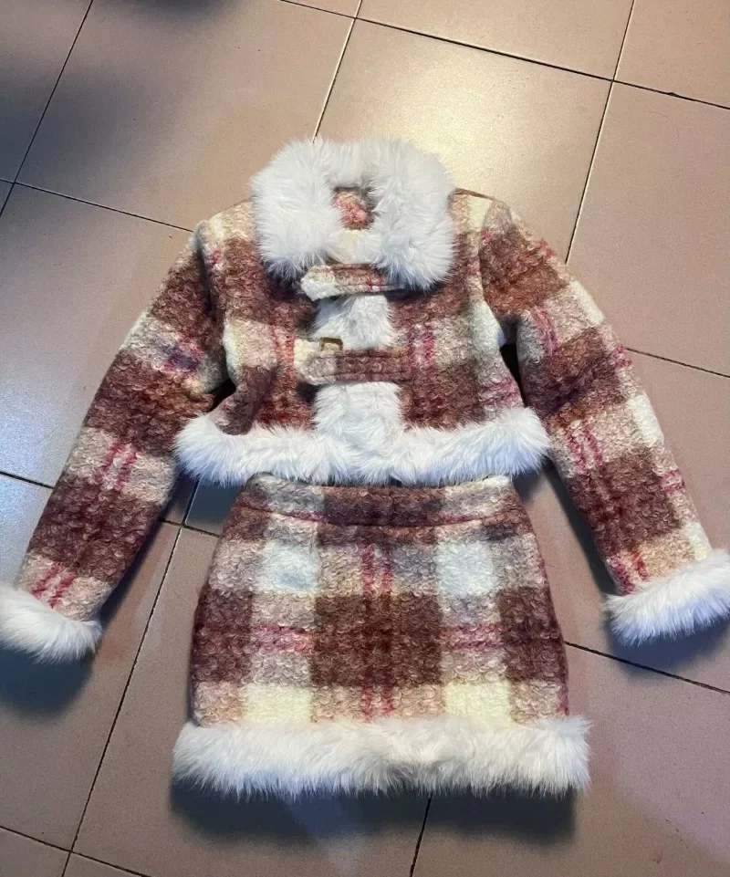 Temperament Plaid Woolen Coat Skirt Two-piece Set Women Korean Plush Patchwork Soft Glutinous Winter Warm Fashion Slim Lady Suit