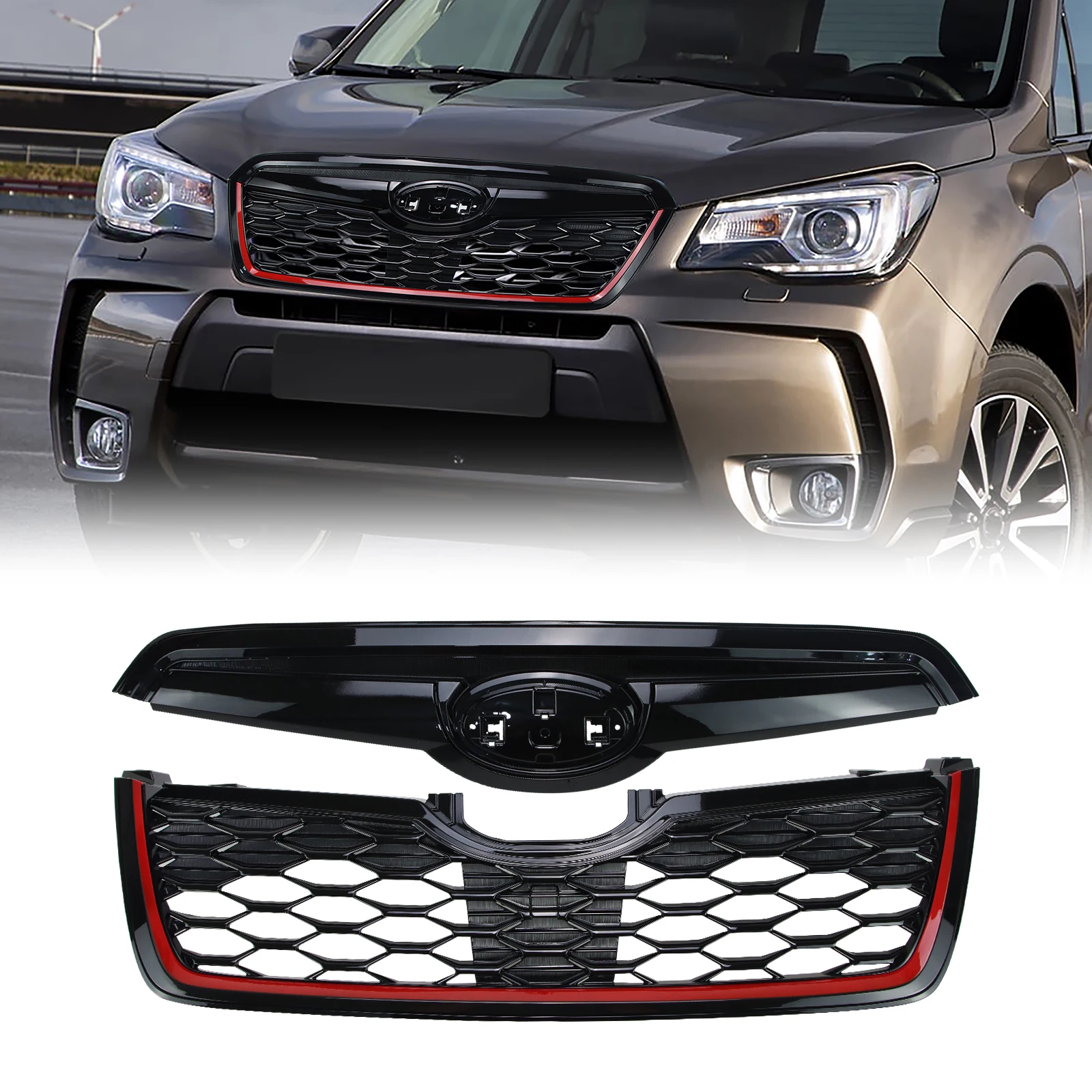 

Honeycomb Front Grill for 2019-2021 Subaru Forester w/Camera Hole Gloss Black