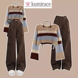 Autunno New Striped Hollow maglione lavorato a maglia Pullover pantaloni da lavoro Casual Set di due pezzi Set di pantaloni da donna alla moda