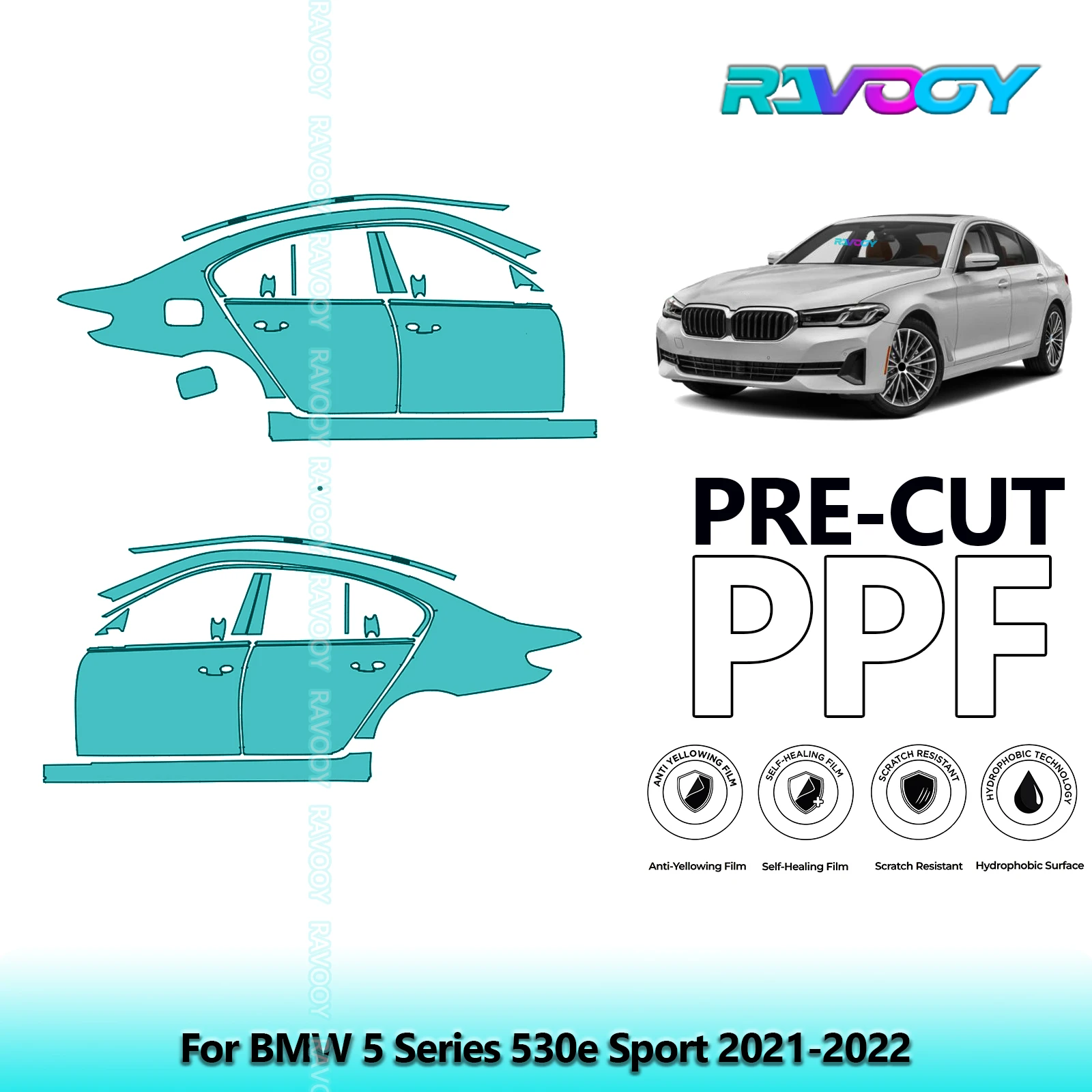 

For BMW 5 Series 530e Sport 2021-2022 8.5mil Clear Matte Pre-Cut PPF Door & A/B Pillar Kit TPU Paint Protection Film Set
