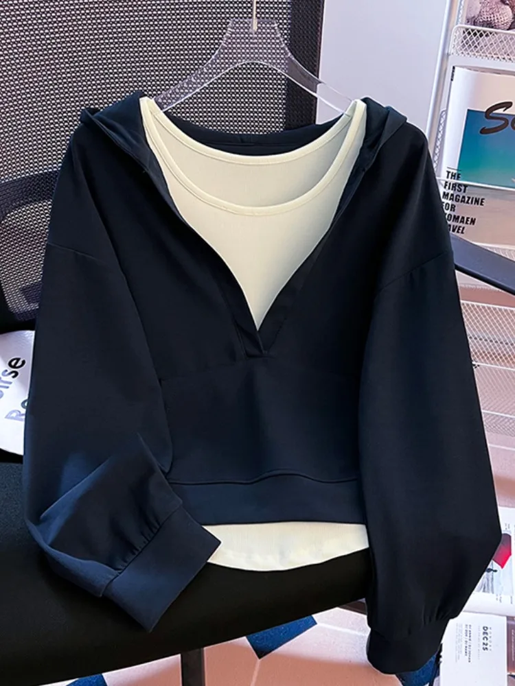 Pure Cotton White Strap Vest Hooded V-Ne Sweatirt Two-Piece Set Women Spring Autumn Top Original Design Loose Fit Long Sl...