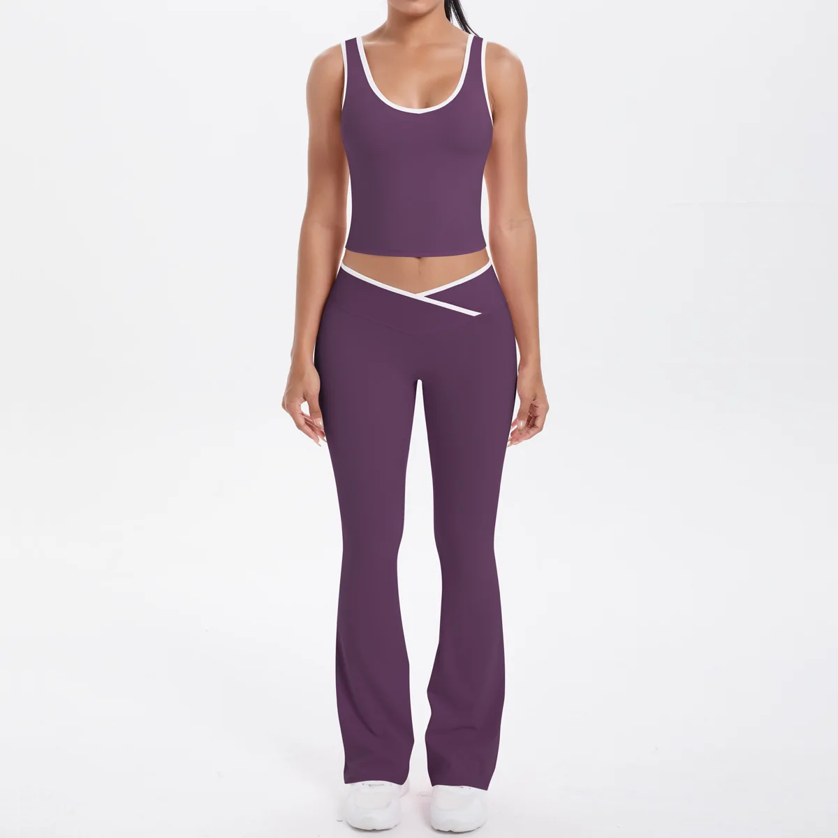 

Женский комплект для йоги, расклешенные брюки, жилет, двусторонний матовый контрастный пояс с перекрестной талией, спортивный фитнес-облегающий дышащий костюм
