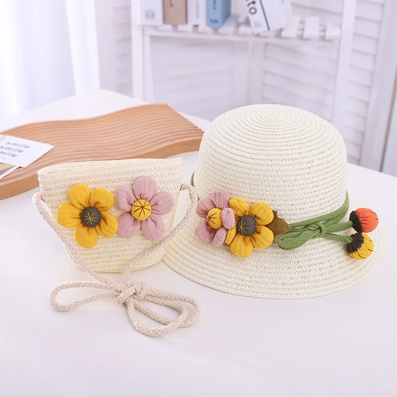 Kids baby outdoor cartoon hat and Shoulder bags Summer child girl holiday casual beach Strawberry straw hat Sun cap