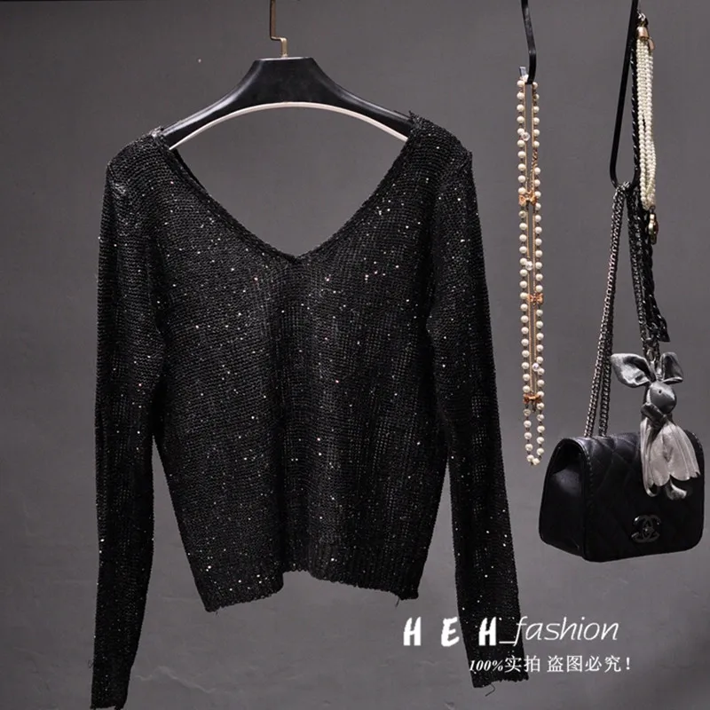 Sequined Double V-Neck Slim Fit Slim Knit Sweater Sparkling Sexy Hollow Bottom Long Sleeve Off-the-Shoulder Top