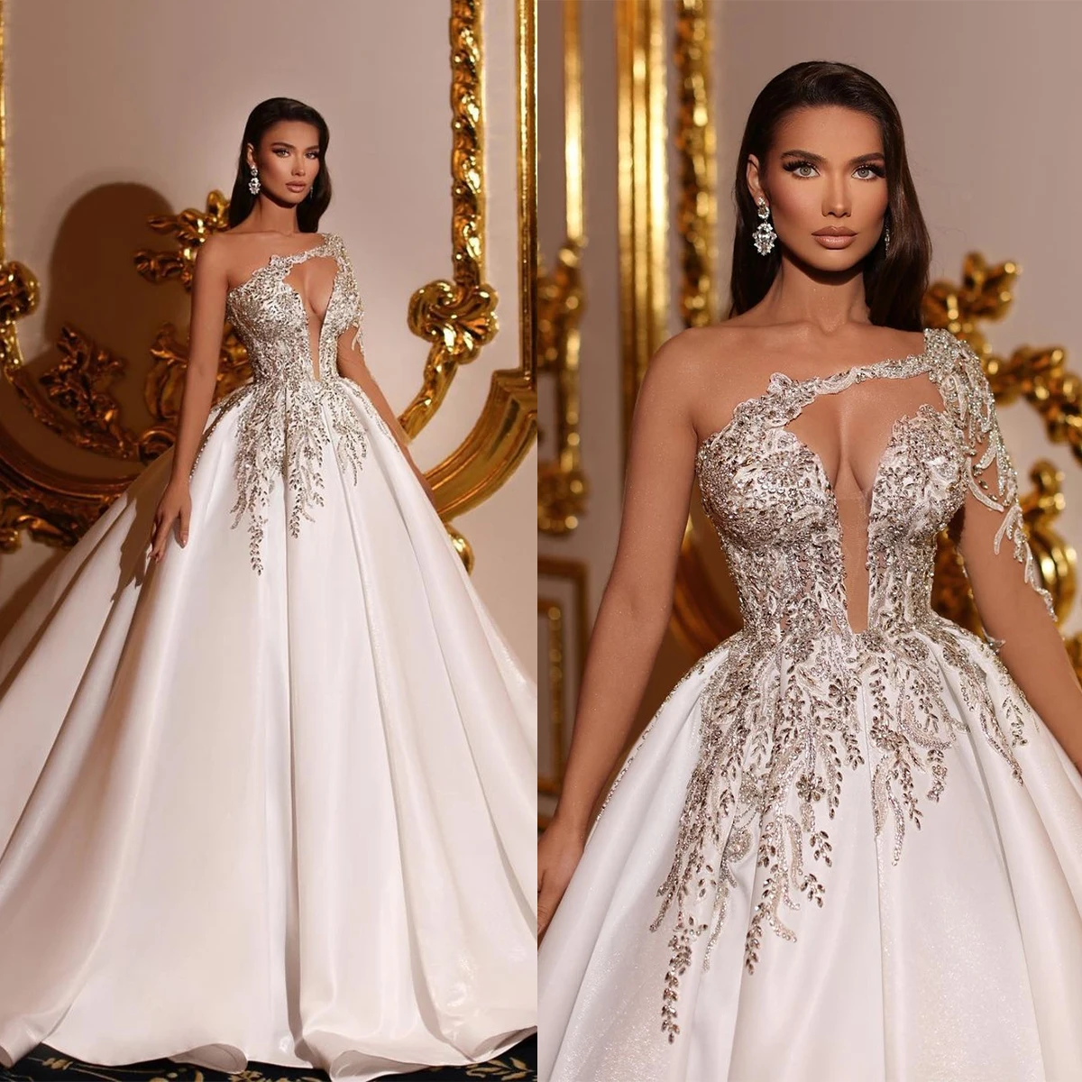 

Luxurious Dubai Ball Gowns One Shoulder Wedding Dress Custom Made Crystals Beaded Illusion Vestido de novia